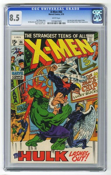 X-Men #66 CGC 8.5 Marvel Comics 3/70.: Description Roy Thomas story with Sal Buscema and Sam Grainger art and Marie Severin cover. Last new story with original X-Men. Hulk and Major Glenn Talbot appearance. White pages. Condition (CGC 8.5)