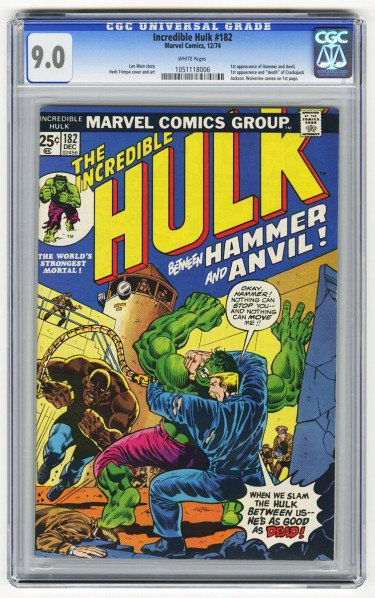 Incredible Hulk #182 CGC 9.0 Marvel Comics 12/74.: Description Len Wein story with Herb Trimpe cover and art. First appearance of Hammer and Anvil. First appearance and "death" of Crackajack Jackson. Wolverine cameo on first page. White pages. Conditi