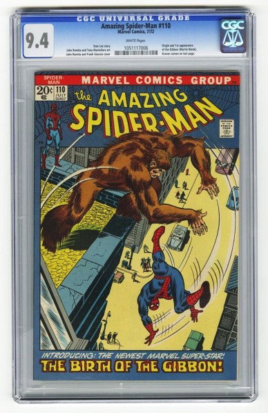Amazing Spider-Man #110 CGC 9.4 Marvel Comics.: Description 7/72. Stan Lee story with John Romita and Tony Mortellaro art and John Romita and Frank Giacoia cover. Origin and first appearance of the Gibbon (Martin Blank). Kraven cameo on last page. 