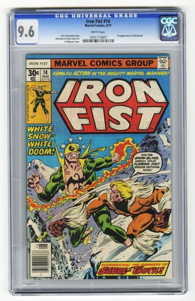 Iron Fist #14CGC 9.6 Marvel Comics 8/77.: Description Christ Claremont story with John Byrne and Dan Green art and Al Milgrom cover. First appearance of Sabretooth. White pages. Condition (CGC 9.6).