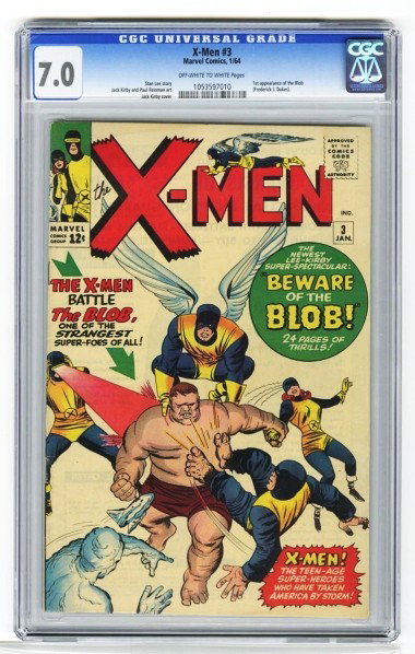 X-Men #3 CGC 7.0 Marvel Comics 1/64.: Description Stan Lee story with Jack Kirby and Paul Reinman art and Jack Kirby cover. First appearance of the Blob (Frederick J. Dukes). Off-white to white pages. Condition (CGC 7.0).