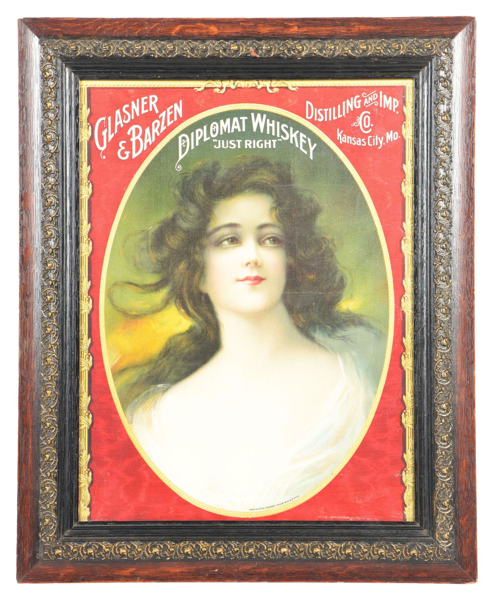 EXTREMELY EARLY GLASNER & BARZEN FRAMED PAPER LITHOGRAPH ADVERTISEMENT. (1 of 2)