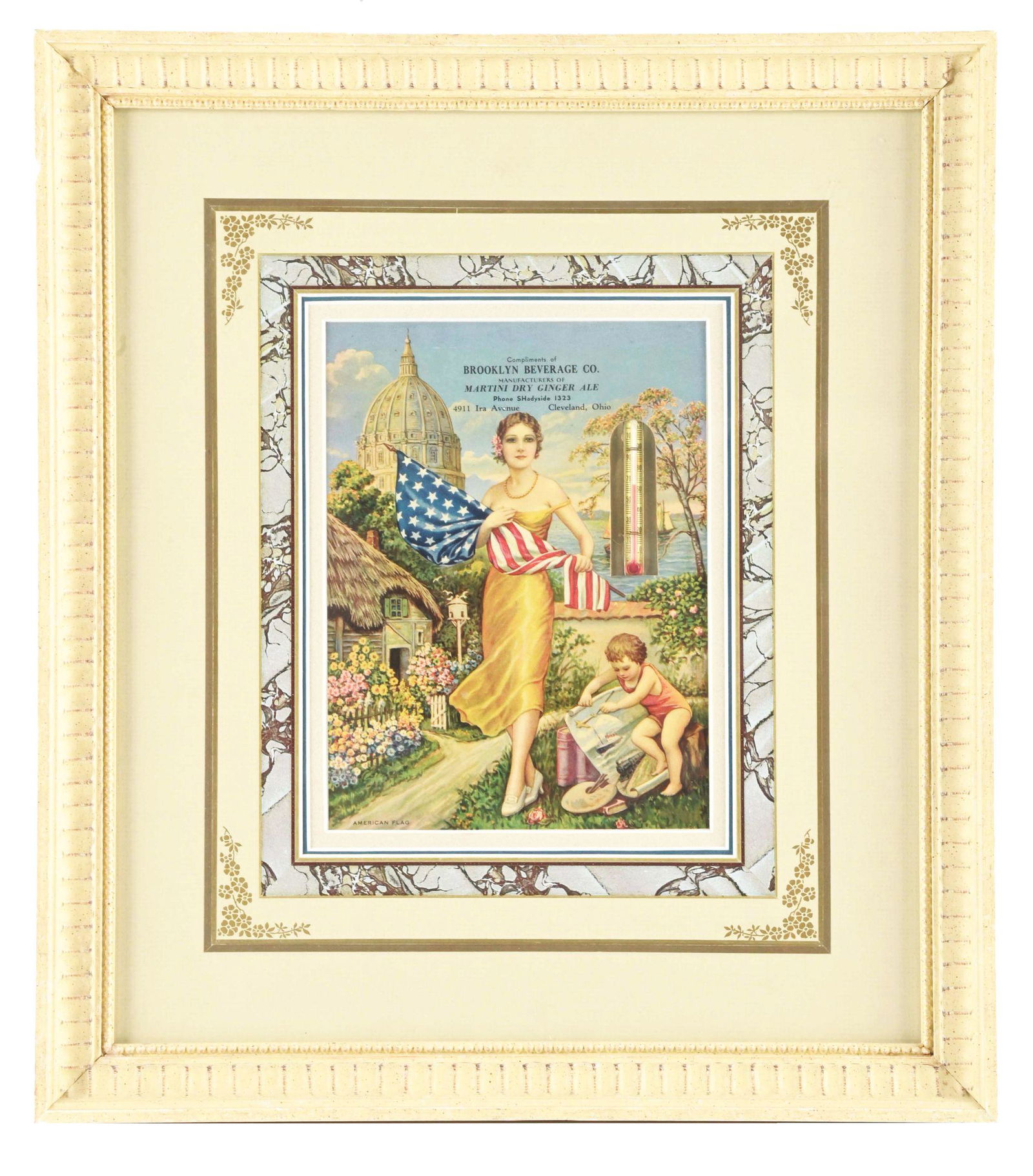 BROOKLYN BEVERAGE CO. CARDBOARD LITHOGRAPH THERMOMETER SIGN W/ AMERICAN FLAG GRAPHIC. (1 of 3)