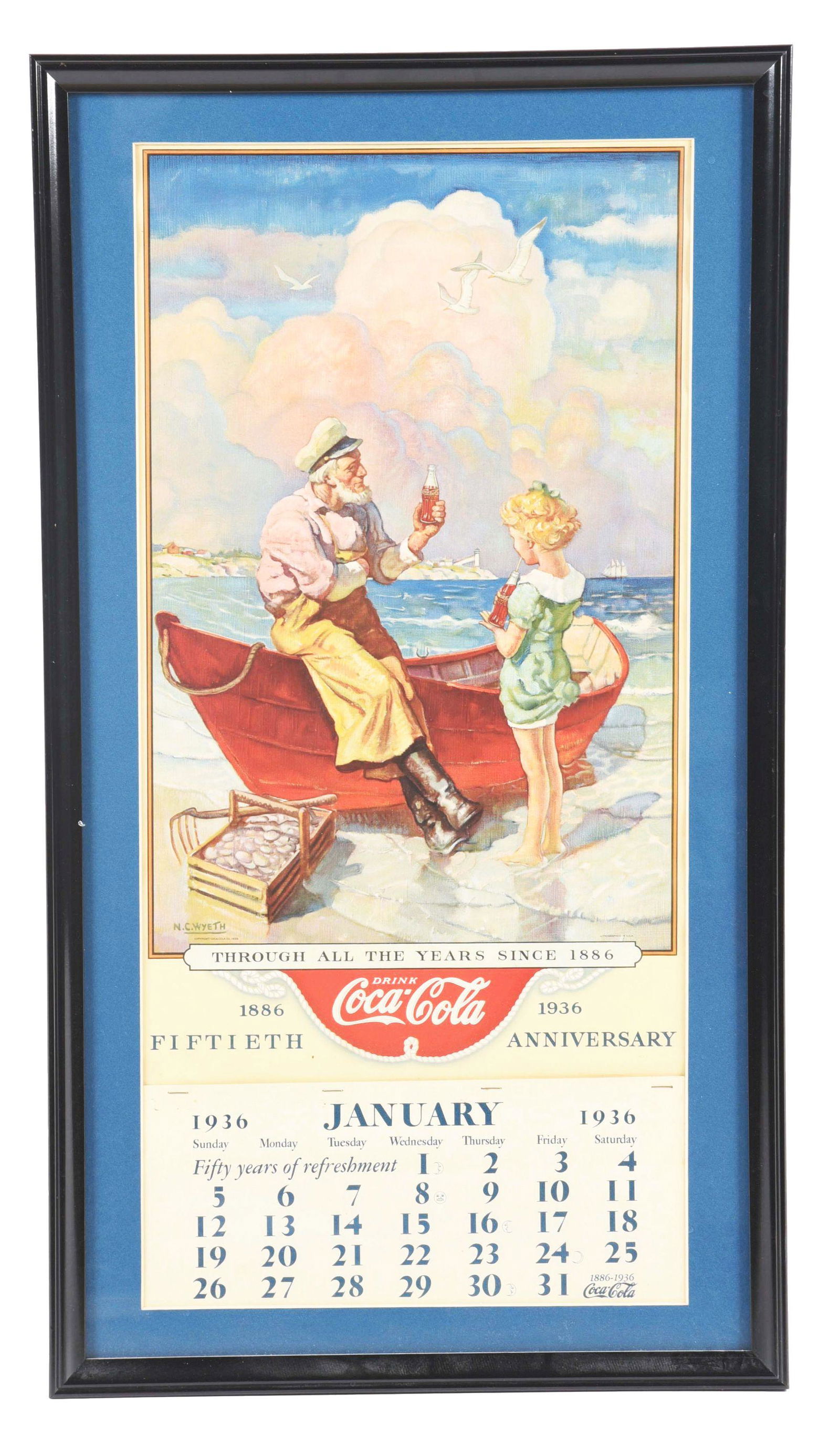 NEW OLD STOCK 1936 COCA-COLA PAPER LITHOGRAPH CALENDAR W/ FISHERMAN & LITTLE GIRL GRAPHIC. (1 of 2)