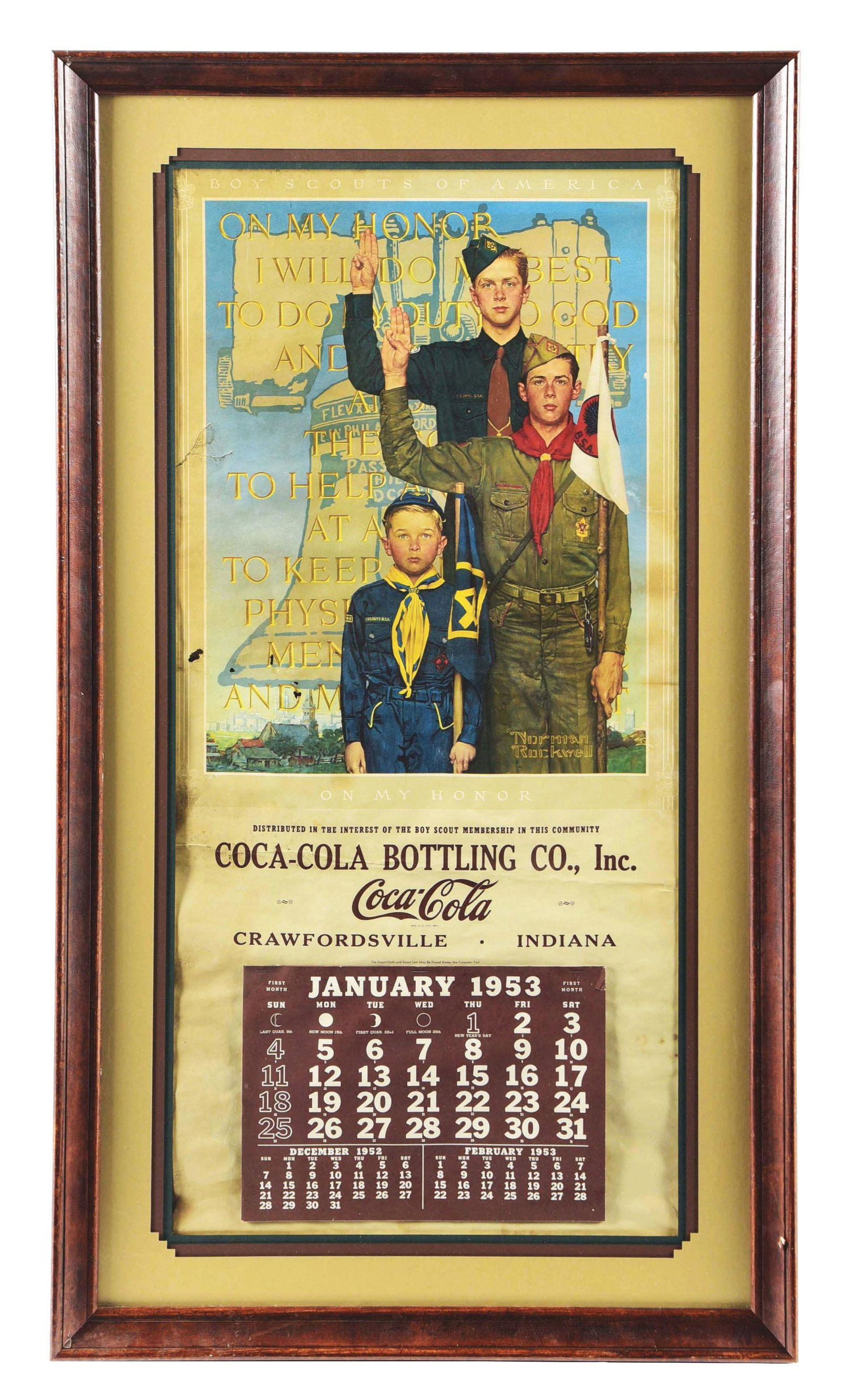 FRAMED 1958 COCA-COLA BOTTLING PLANT CALANDER W/ BOY SCOUT GRAPHIC. (1 of 2)