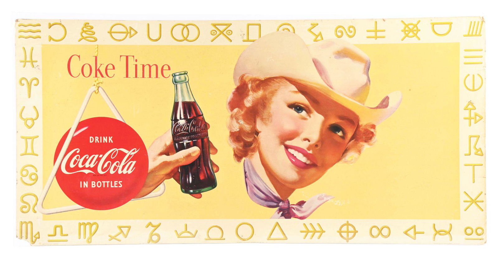 COKE TIME DRINK COCA-COLA IN BOTTLES CARDBOARD LITHOGRAPH W/ COWGIRL GRAPHIC. (1 of 2)