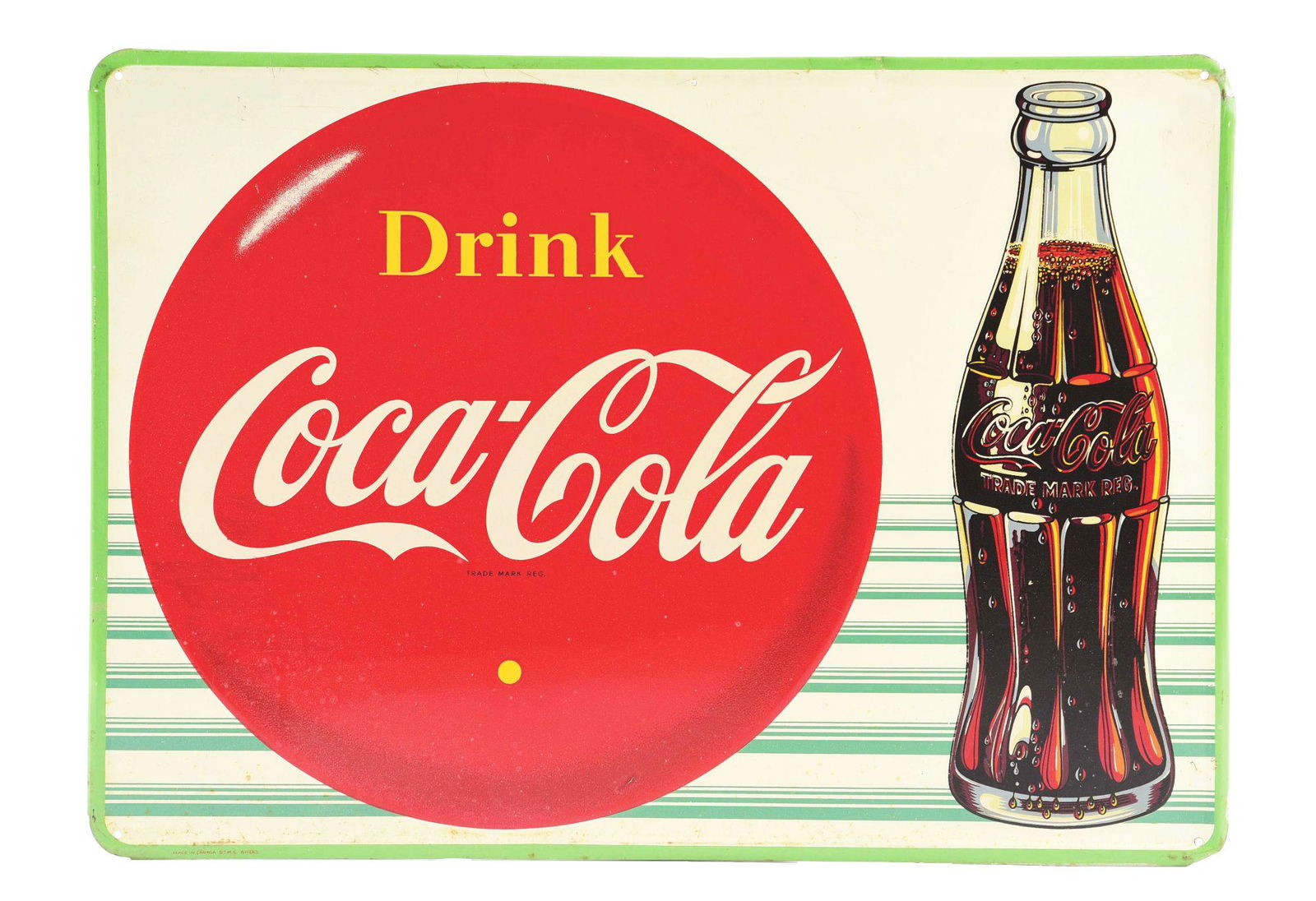 DRINK COCA-COLA EMBOSSED TIN SIGN W/ BOTTLE GRAPHIC. (1 of 2)
