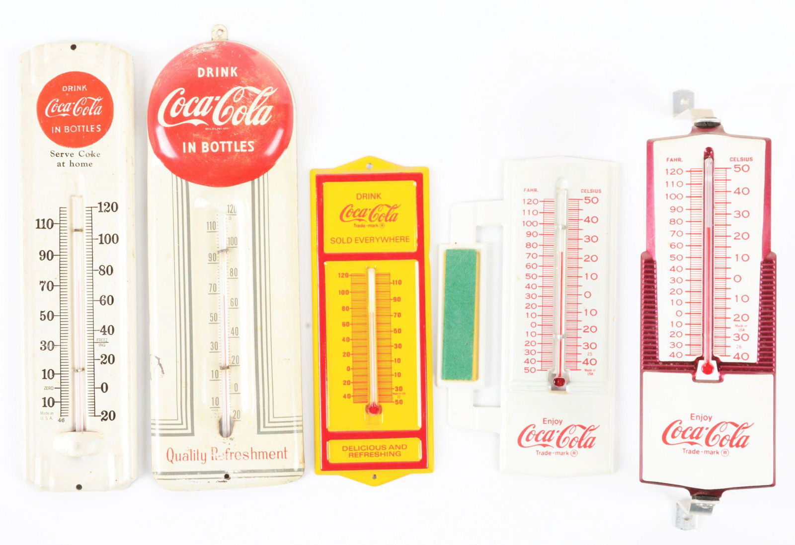 COLLECTION OF 5 TIN COCA-COLA THERMOMETERS. (1 of 2)