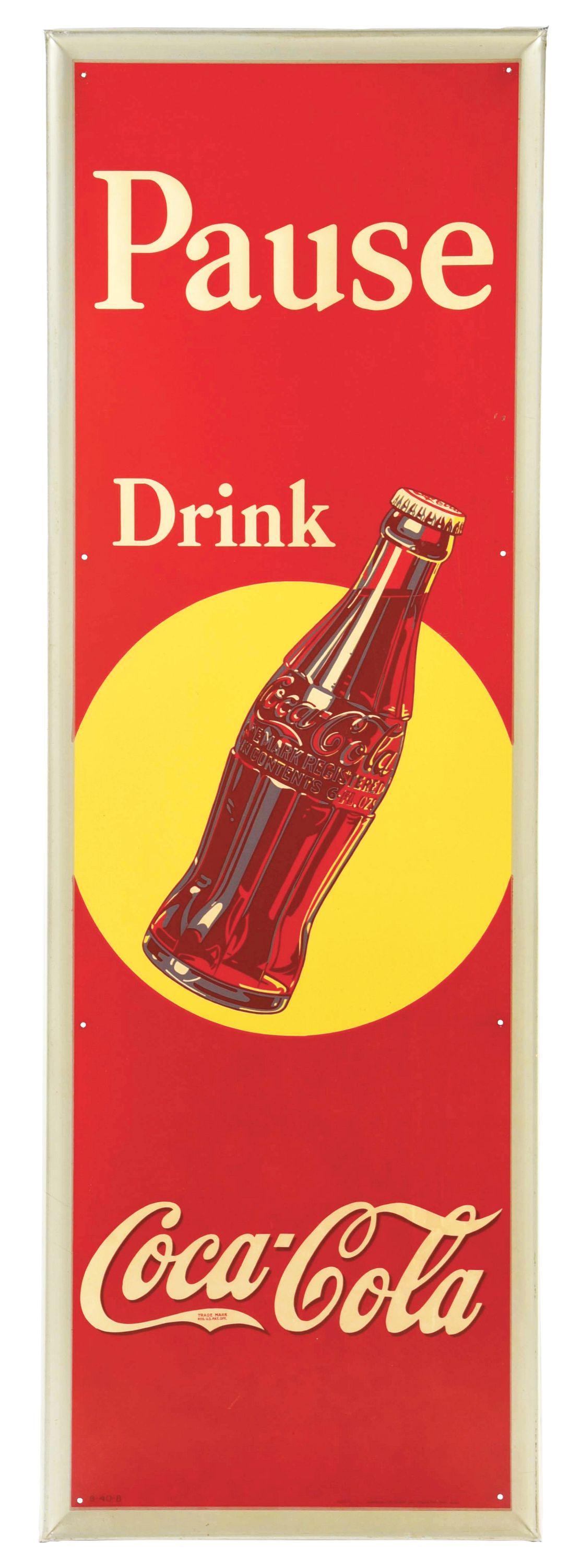 PAUSE DRINK COCA-COLA SELF-FRAMED TIN SIGN W/BOTTLE AND SUN SPOT GRAPHIC.: SST. Makers marked "American Art Works, Coshocton OH." C. 1940's "Pause. Drink Coca Cola" self-framed tin sun spot sign. CONDITION: A very strong example with great color and gloss. The sign has one a
