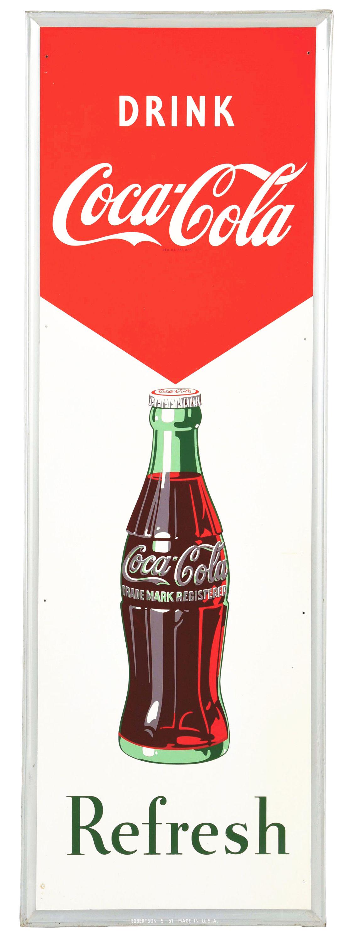 DRINK COCA-COLA FRESH SELF-FRAMED TIN SIGN W/BOTTLE GRAPHIC. (1 of 3)