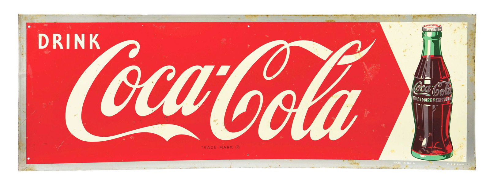 DRINK COCA-COLA SINGLE-SIDED TIN SIGN W/ BOTTLE GRAPHIC. (1 of 3)
