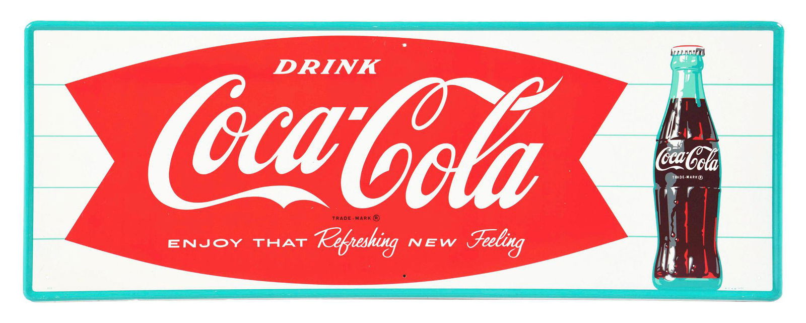 SELF-FRAMED TIN COCA-COLA "ENJOY THAT REFRESHING NEW FEELING" BOTTLE SIGN. (1 of 4)