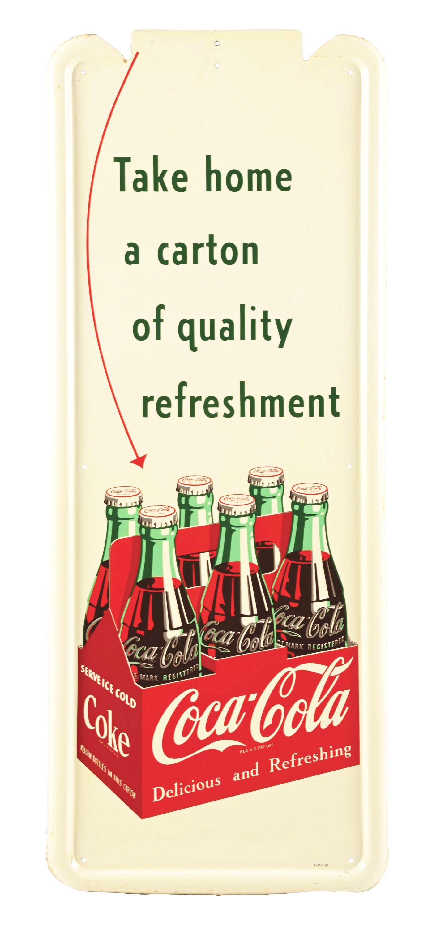 COCA-COLA "TAKE HOME A CARTON OF QUALITY REFRESHMENT" SELF-FRAMED TIN PILASTER SIGN W/SIX PACK (1 of 3)