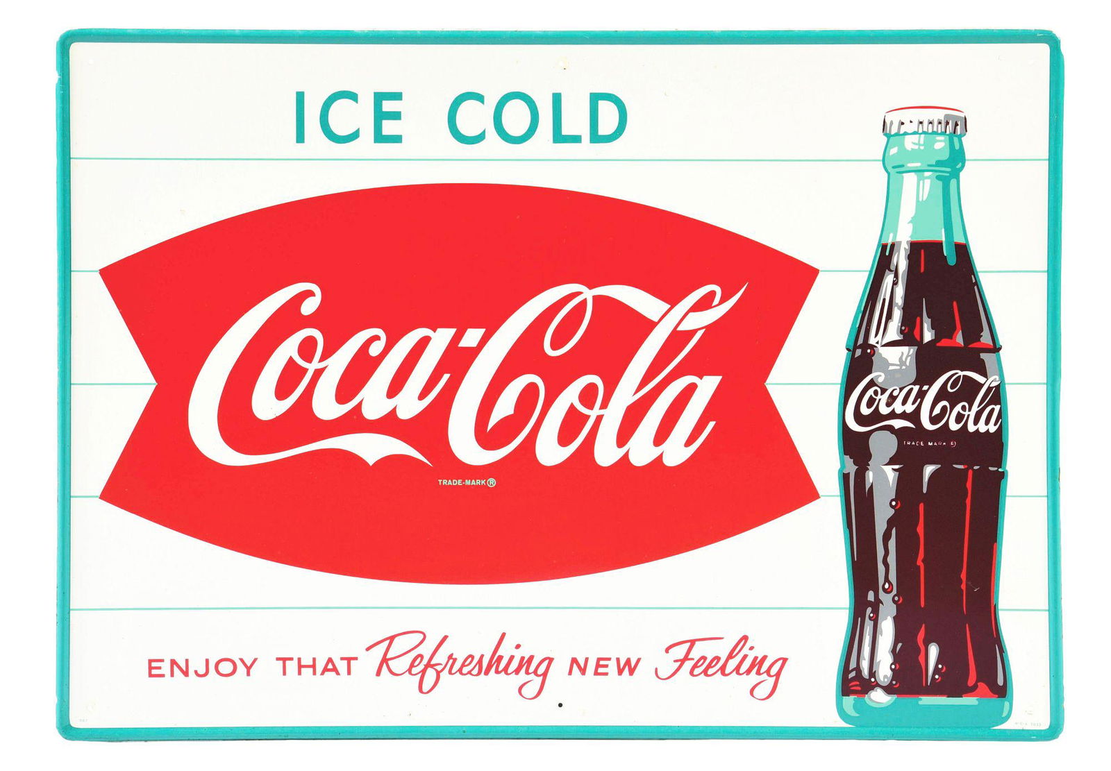 SELF-FRAMED TIN "ENJOY THAT REFRESHING NEW FEELING" COCA-COLA BOTTLE SIGN. (1 of 4)