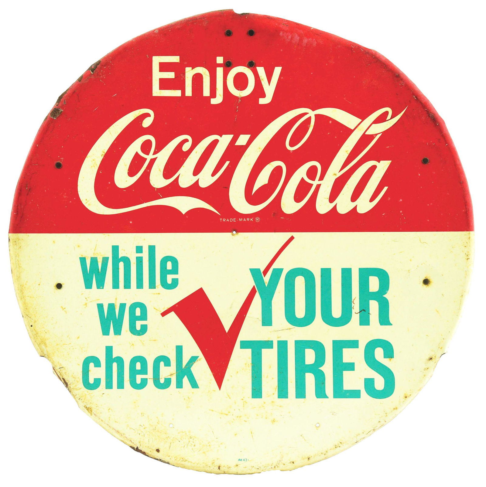 COCA-COLA "ENJOY WHILE WE CHECK YOUR TIRES" RACK SIGN. (1 of 2)