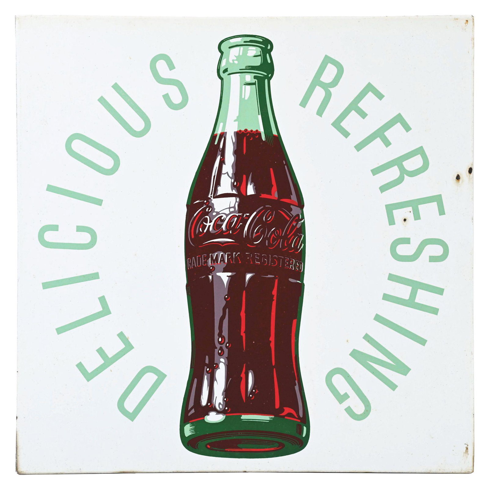 COCA-COLA "DELICIOUS AND REFRESHING" PORCELAIN SIGN.: SSP. C. 1950's Coca-Cola "Delicious and Refreshing" porcelain sign. CONDITION: The sign has excellent color and gloss throughout. There are three chips to the porcelain in the field and noticeable sta