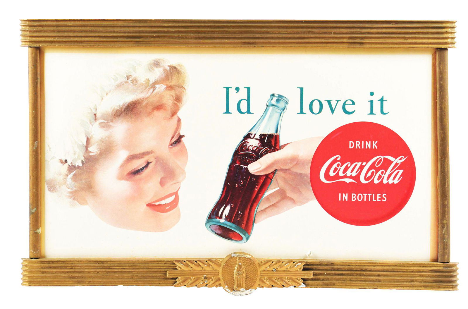 KAY DISPLAYS "I'D LOVE IT" COCA-COLA CARDBOARD LITHOGRAPH SIGN. (1 of 2)
