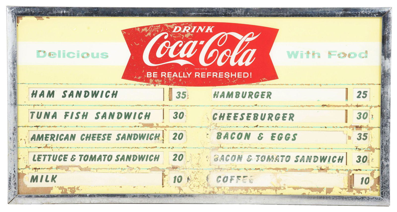 FRAMED COCA-COLA REVERSE PAINTED GLASS MENU BOARD W/ MENU OPTIONS. (1 of 2)