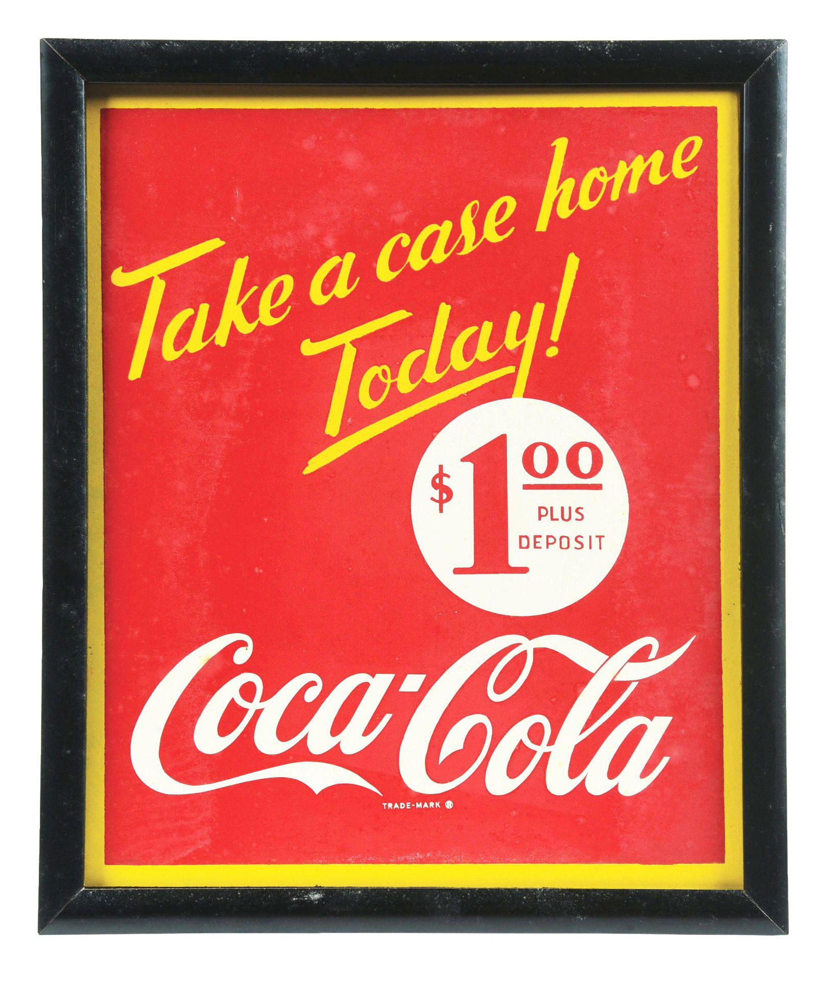 COCA-COLA TAKE A CASE HOME MASONITE SIGN.: C. 1960's Coca Cola, "Take A Case Home Today!" masonite sign. CONDITION: The sign has spectacular color and clean script. There is a couple areas of paint fade at the bottom of the sign next to the ye