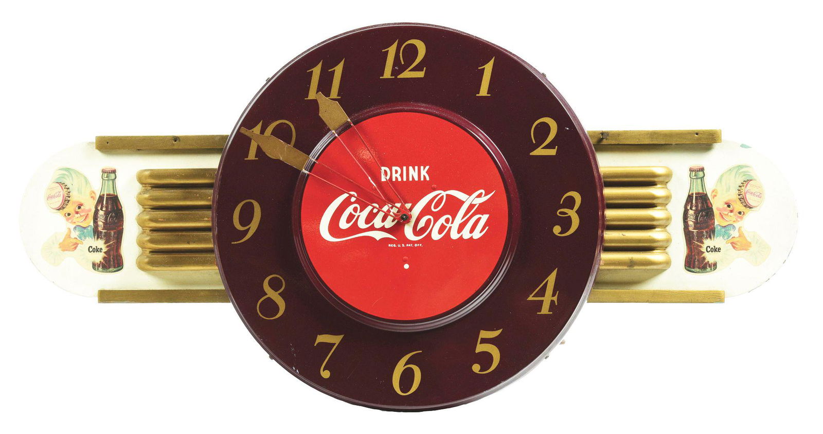 DRINK COCA-COLA TIN CLOCK ATTACHED TO A KAY DISPLAYS PIECE W/ SPRITE BOY GRAPHIC. (1 of 2)