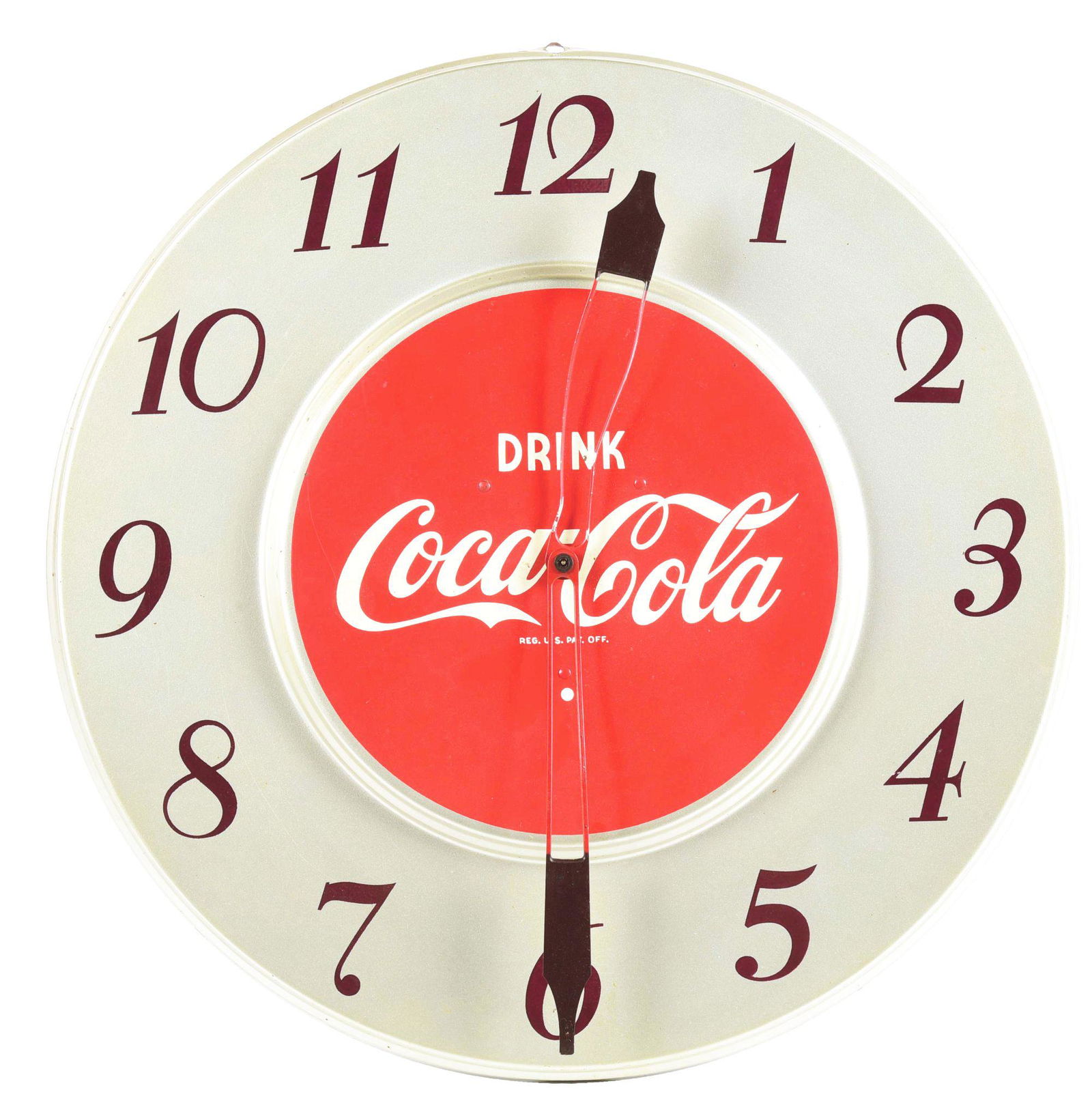 DRINK COCA-COLA 17 1/2" PAINTED METAL CLOCK W/ "DRINK COCA-COLA" LOGO. (1 of 2)