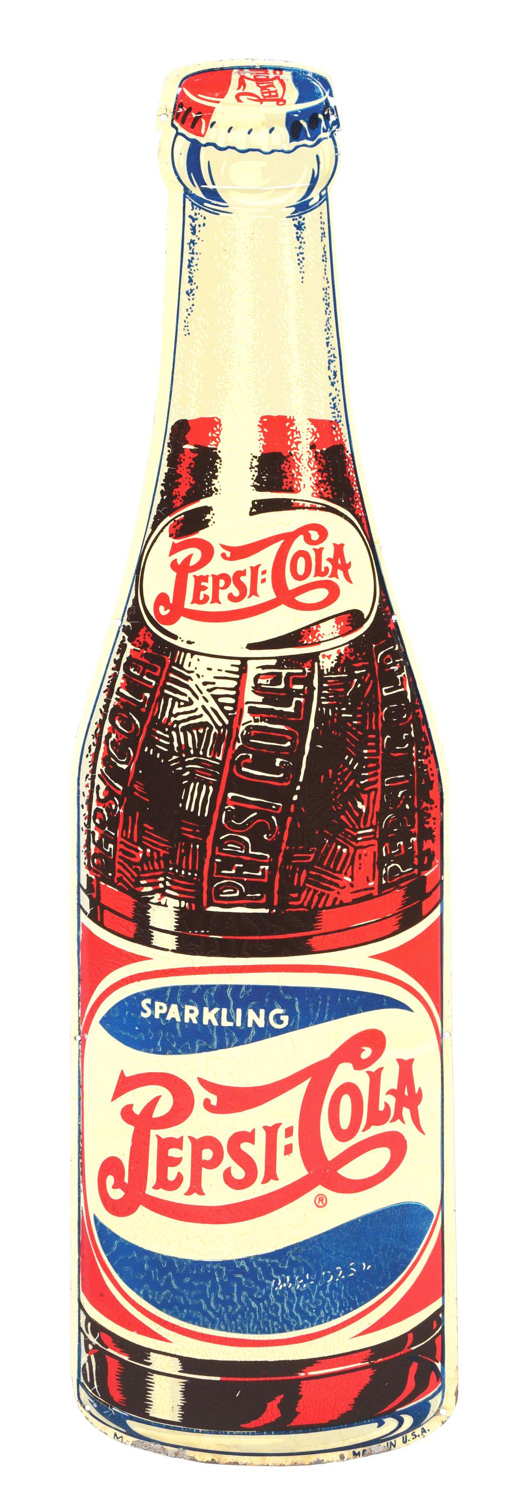 PEPSI DOUBLE-DOT DIE-CUT TIN BOTTLE SIGN. (1 of 3)