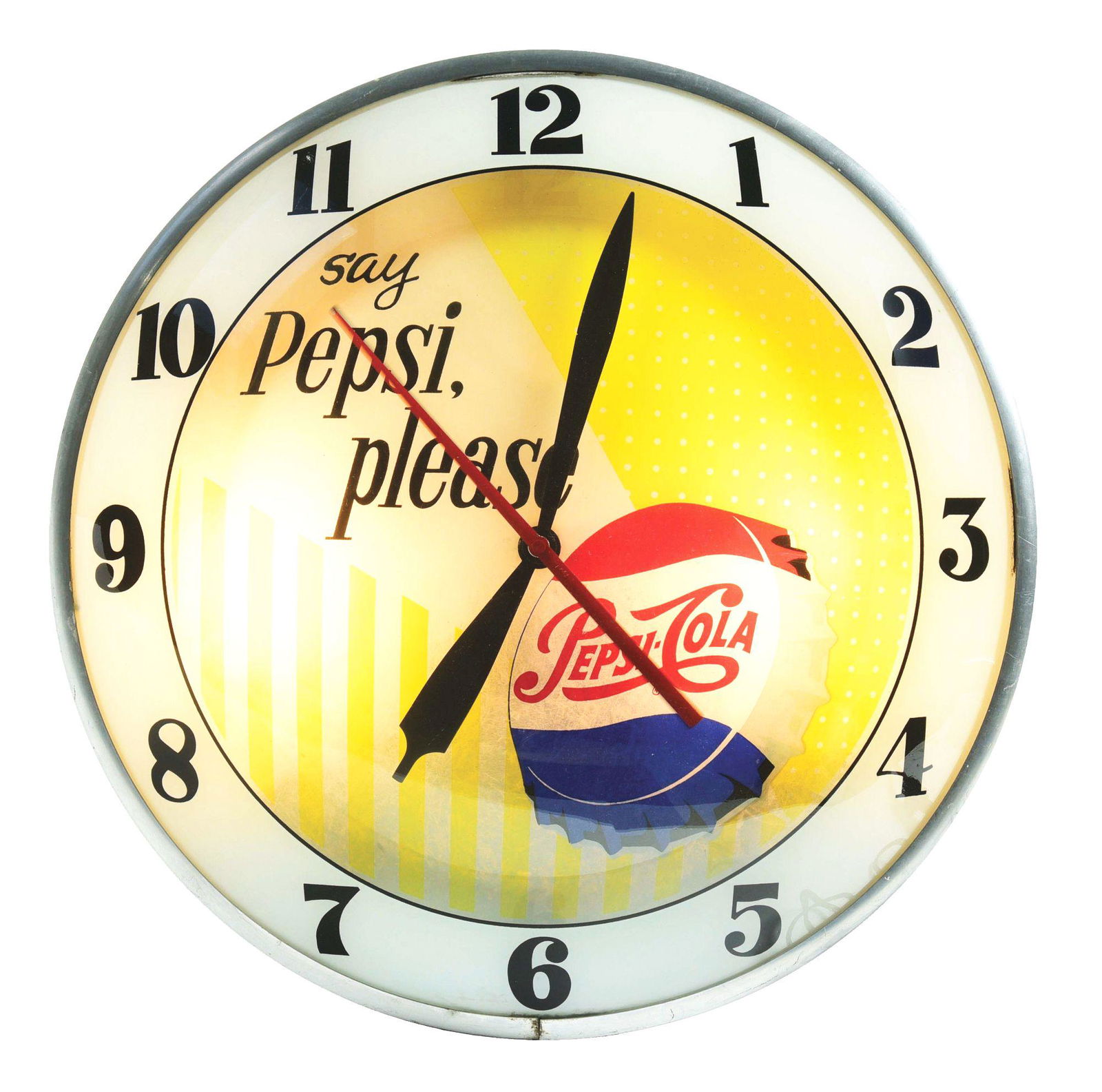 SAY PEPSI PLEASE LIGHT-UP CLOCK.: Double bubble Pepsi clock in excellent condition. Maker's marked on the back "The Sign of Quality / Advertising Products, Inc., Cincinnati 23, Ohio." CONDITION: The glass is free of breaks and cracks