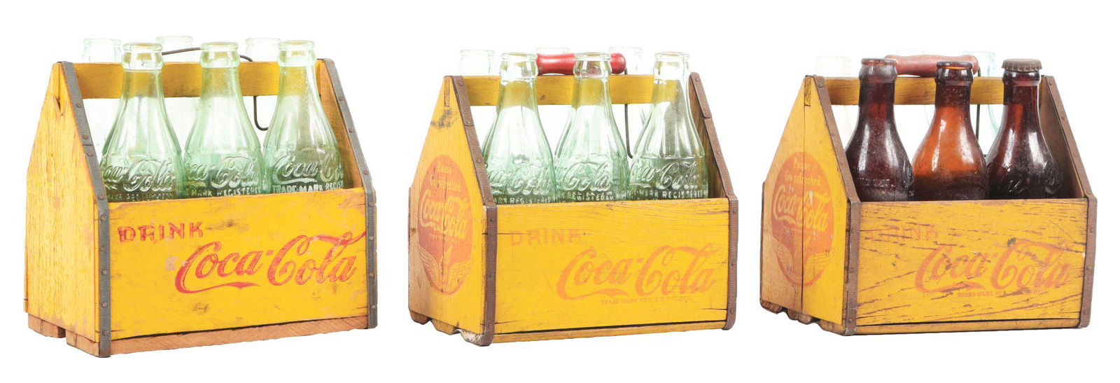 COLLECCTION OF 3 COCA-COLA WOODEN CARRIERS WITH GLASS BOTTLES. (1 of 5)