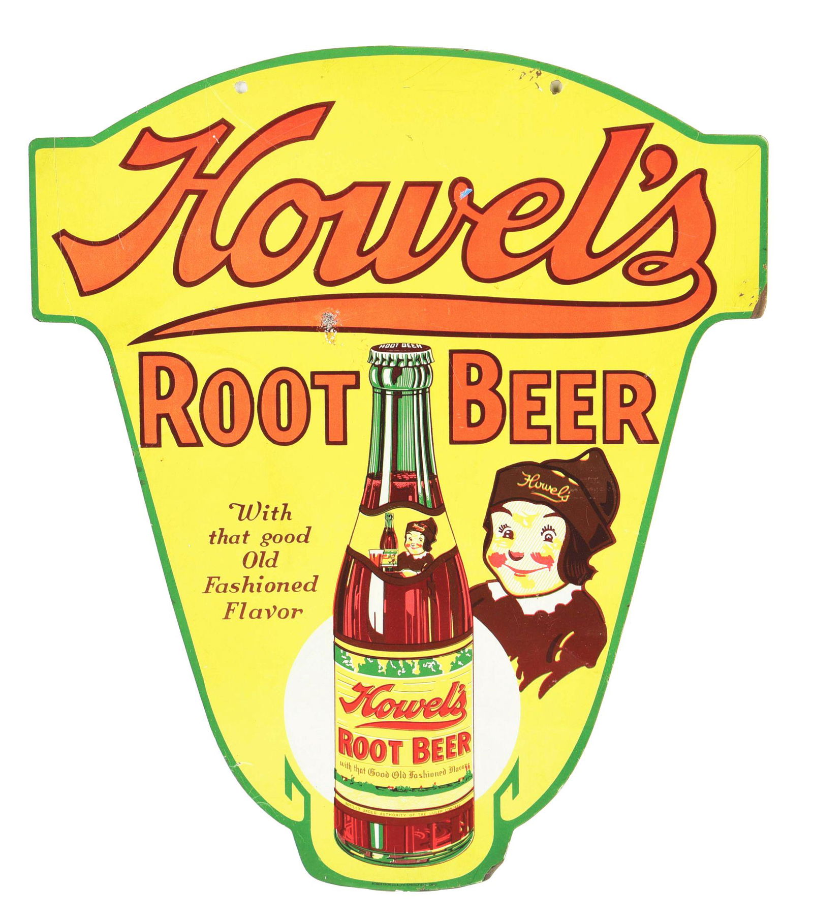 HOWEL'S ROOT BEER DOUBLE-SIDED DIE-CUT TIN SIGN W/ BOTTLE GRAPHIC. (1 of 2)