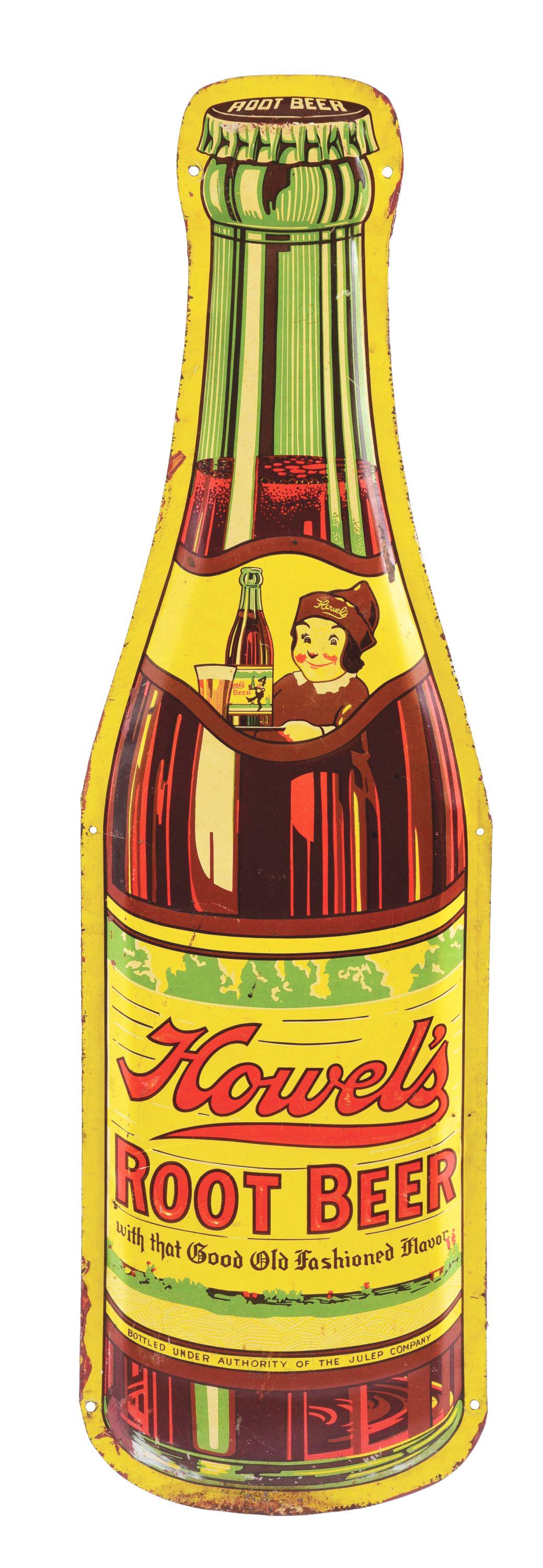 HOWEL'S ROOT BEER EMBOSSED TIN BOTTLE SIGN. (1 of 3)