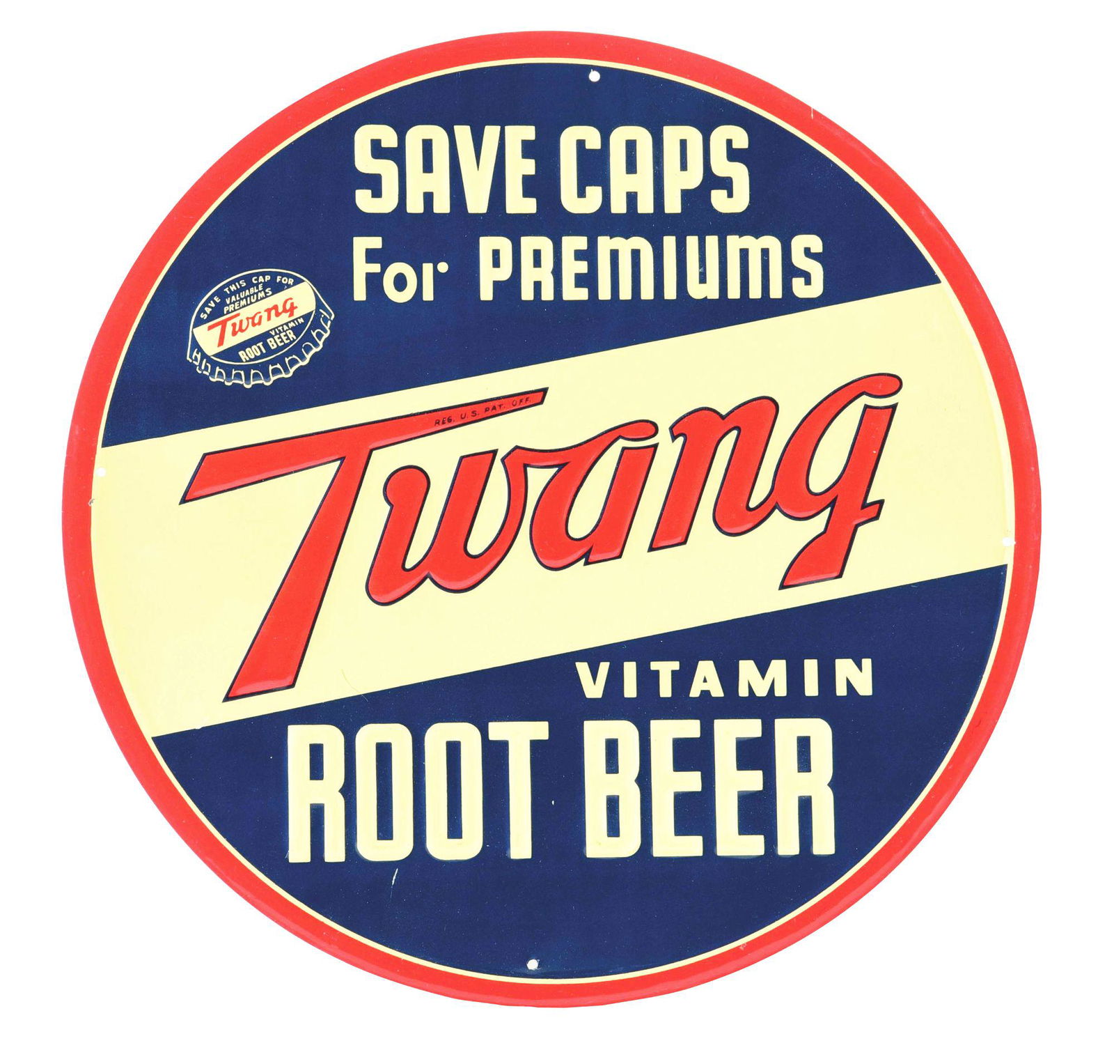TWANG VITAMIN ROOT BEER EMBOSSED TIN SIGN. (1 of 2)