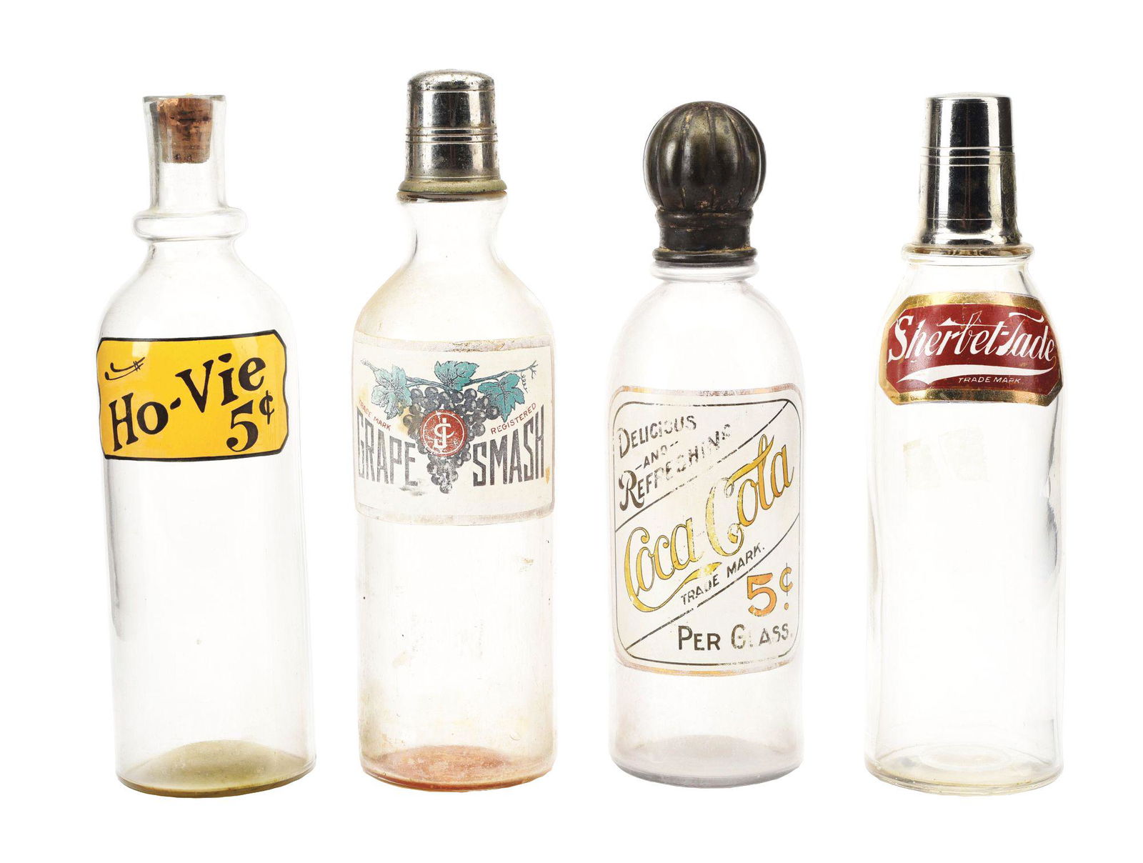 LOT OF 4: SODA FOUNTAIN GLASS SYRUP BOTTLES. (1 of 11)