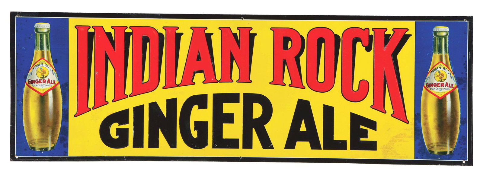 OUTSTANDING INDIAN ROCK GINGER ALE TIN SIGN W/ BOTTTLE GRAPHICS. (1 of 2)