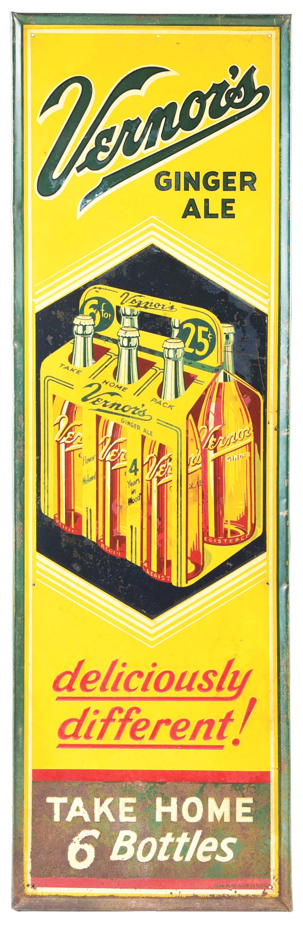 EXTREMELY RARE VERNOR'S GINGER ALE "TAKE HOME 6 BOTTLES" EMBOSSED TIN SIGN W/ 6 PACK GRAPHIC..: SST. Maker's marked, "Form No. 23 Made in the U.S.A." C. 1940's Self-framed embossed tin Vernor's Ginger Ale sign. CONDITION: This sign has areas of paint loss and rubs to the embossed lettering. The
