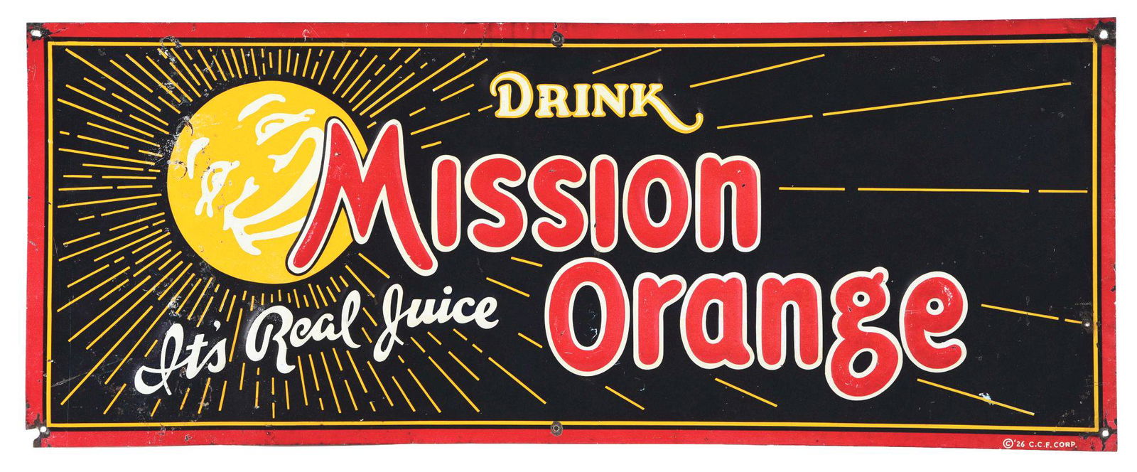 DRINK MISSION ORANGE EMBOSSED TIN SIGN W/ SUN GRAPHIC. (1 of 3)
