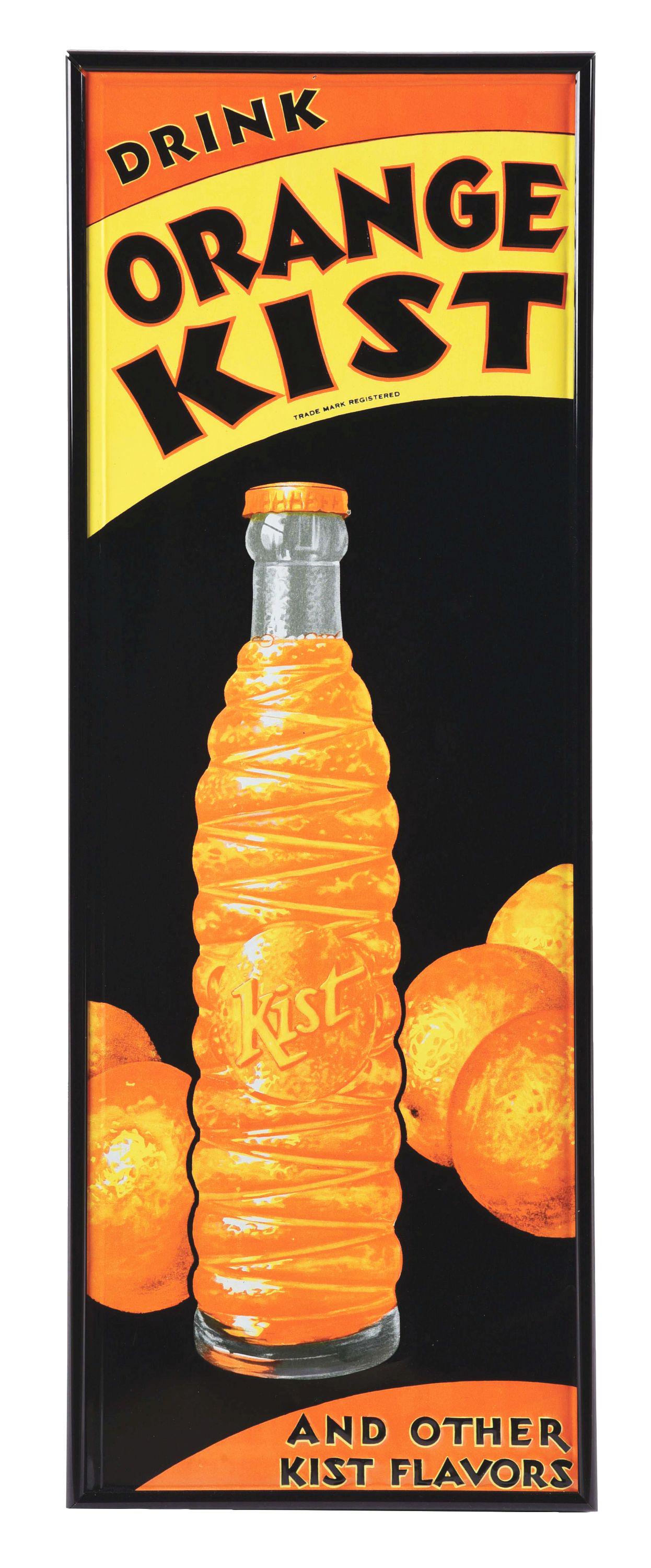 DRINK ORANGE KIST EMBOSSED TIN SIGN W/ BOTTLE GRAPHIC. (1 of 2)