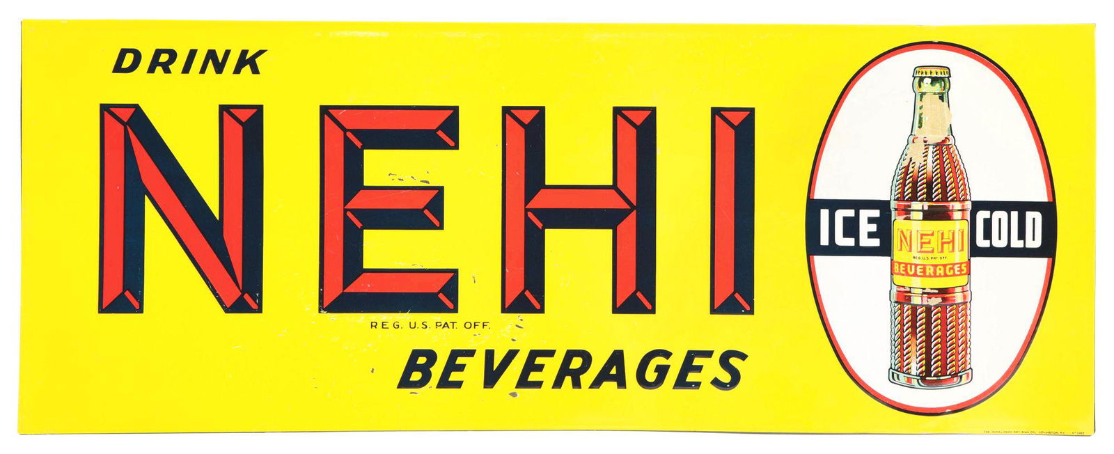 DRINK NEHI BEVERAGES EMBOSSED TIN SIGN W/ BOTTLE GRAPHIC. (1 of 3)