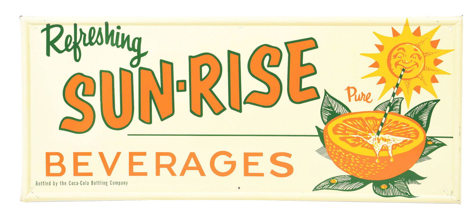 SUN-RISE BEVERAGES SELF-FRAMED TIN SIGN W/ SUNSHINE GRAPHIC. (1 of 2)