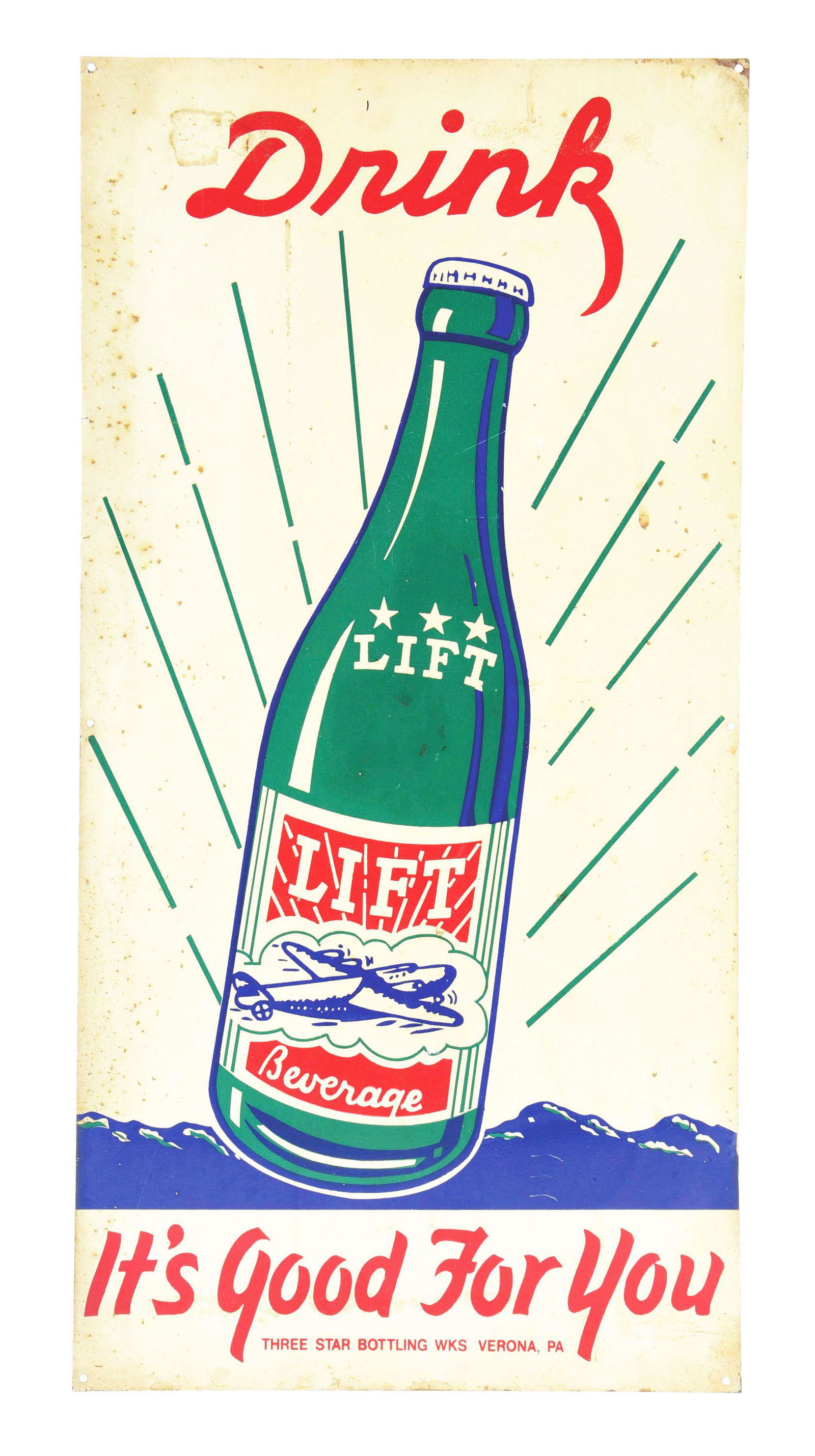 LIFT BEVERAGES TIN SIGN W/ AIRPLANE GRAPHIC. (1 of 2)