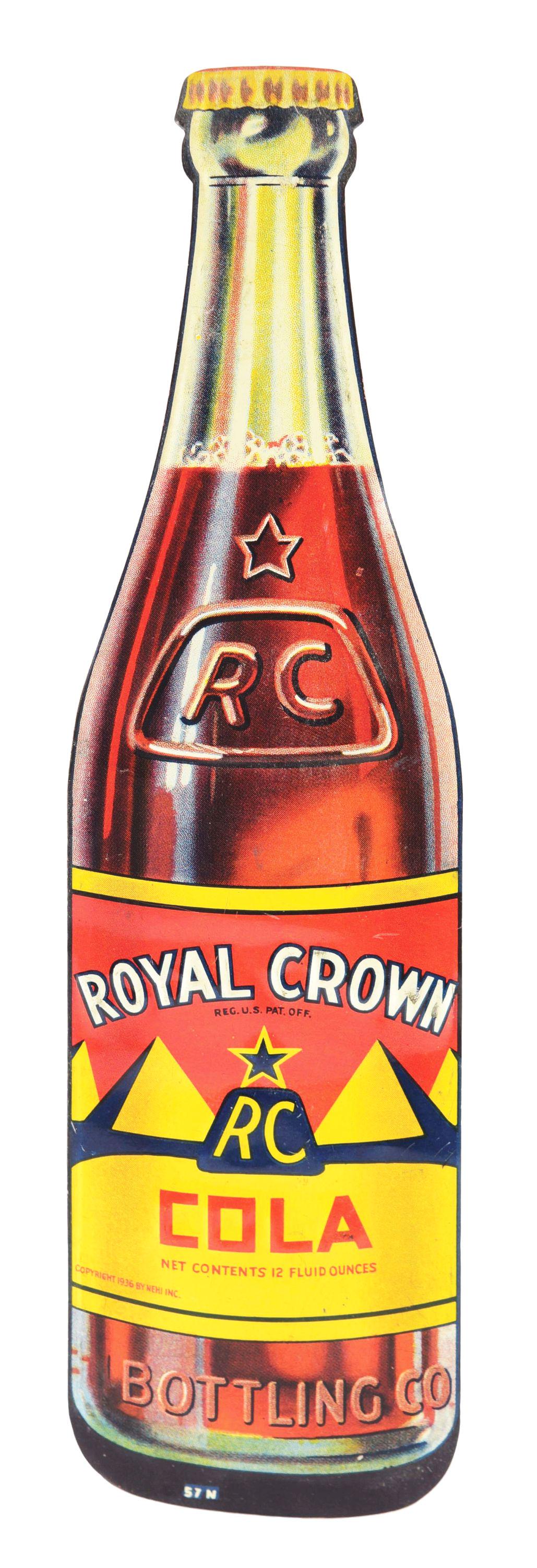 ROYAL CROWN COLA EMBOSSED TIN DIE-CUT BOTTLE SIGN. (1 of 2)