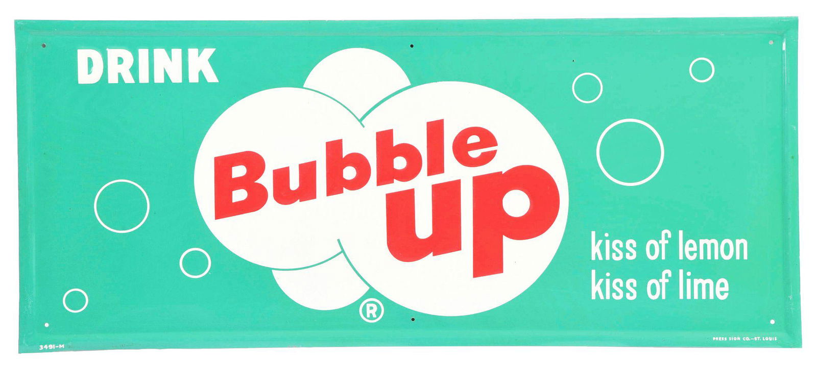 DRINK BUBBLE UP SELF-FRAMED EMBOSSED TIN SIGN W/ BUBBLE GRAPHIC. (1 of 4)