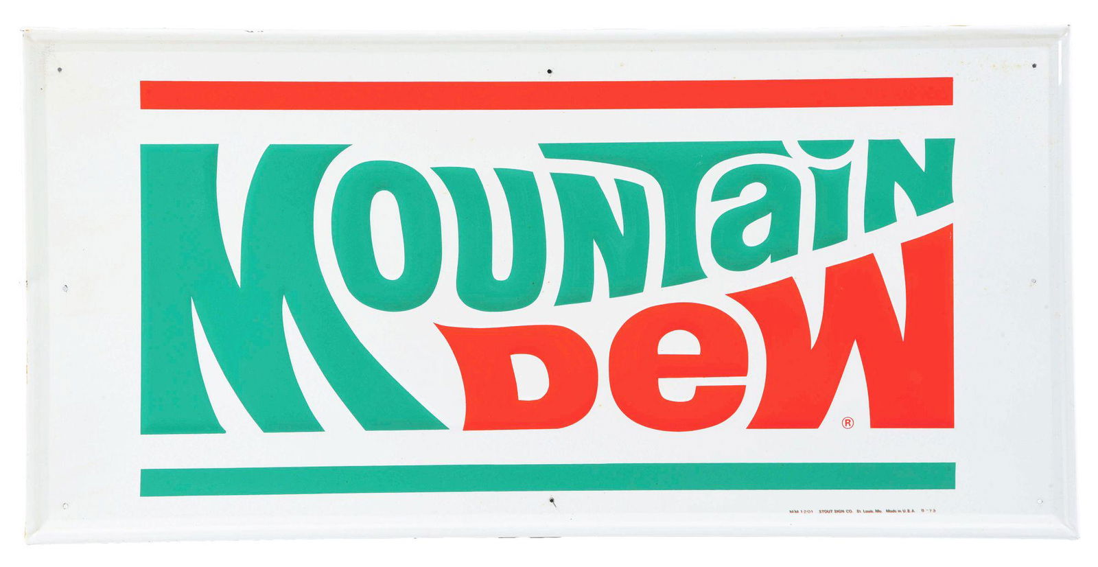 SELF-FRAMED EMBOSSED TIN MOUNTAIN DEW SIGN. (1 of 3)