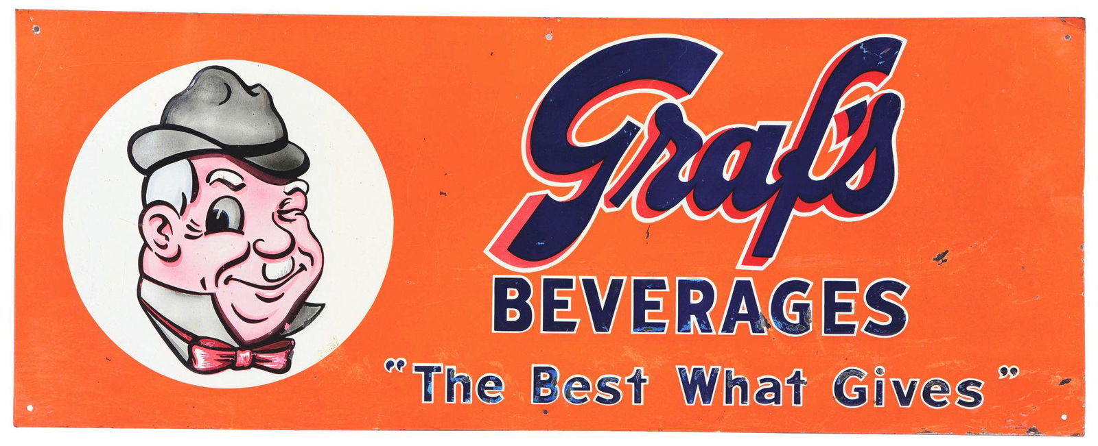 GRANDPA GRAF'S BEVERAGES EMBOSSED TIN SIGN W/GRANDPA GRAF GRAPHIC. (1 of 2)
