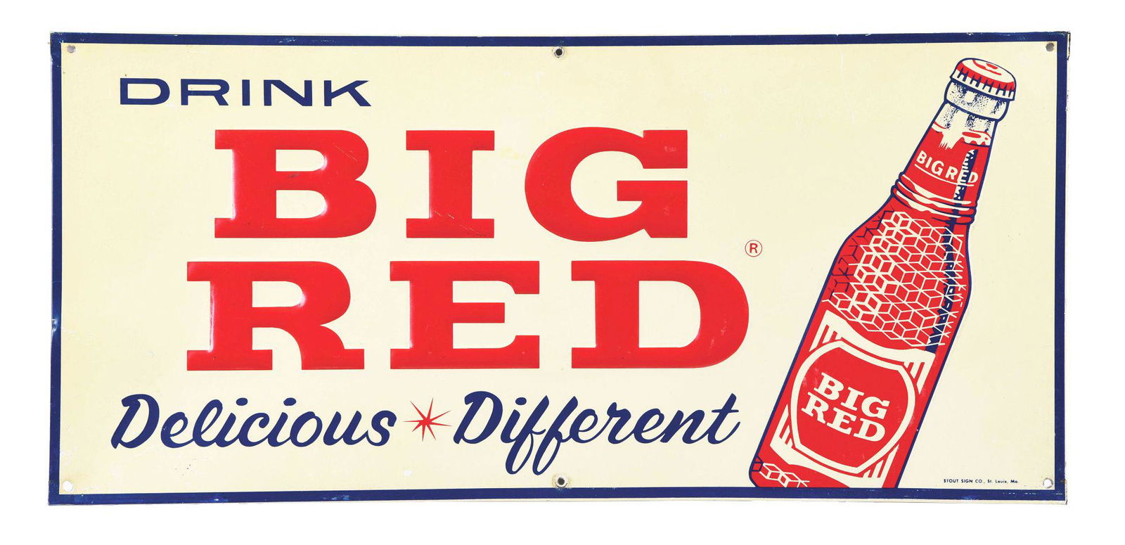 DRINK BIG RED SODA EMBOSSED TIN SIGN W/ BOTTLE GRAPHIC. (1 of 3)