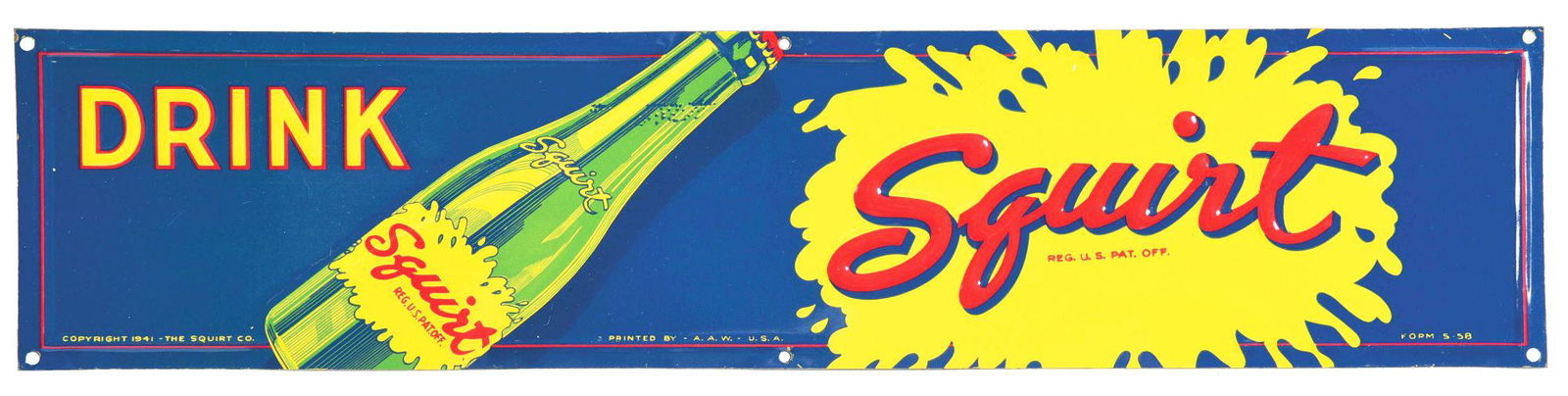 DRINK SQUIRT SODA EMBOSSED TIN SIGN W/ BOTTLE GRAPHIC. (1 of 5)