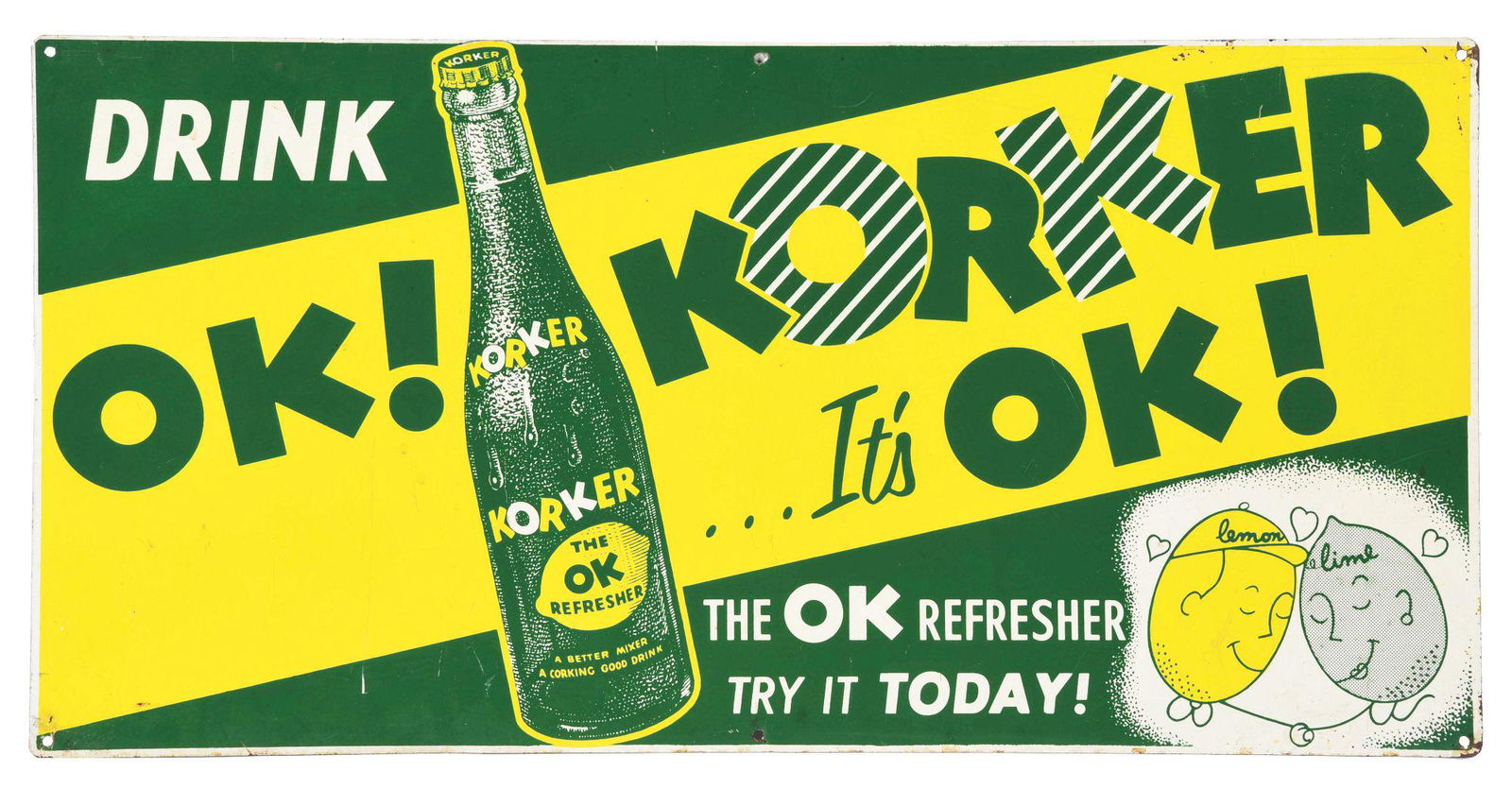 DRINK KORKER PAINTED TIN SIGN W/BOTTLE GRAPHIC. (1 of 2)