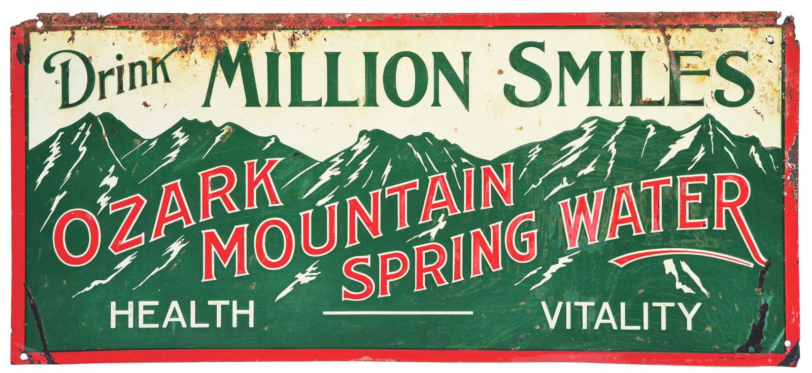 DRINK A MILLION SMILES OZARK MOUNTAIN SPRING WATER EMBOSSED TIN SIGN. (1 of 3)