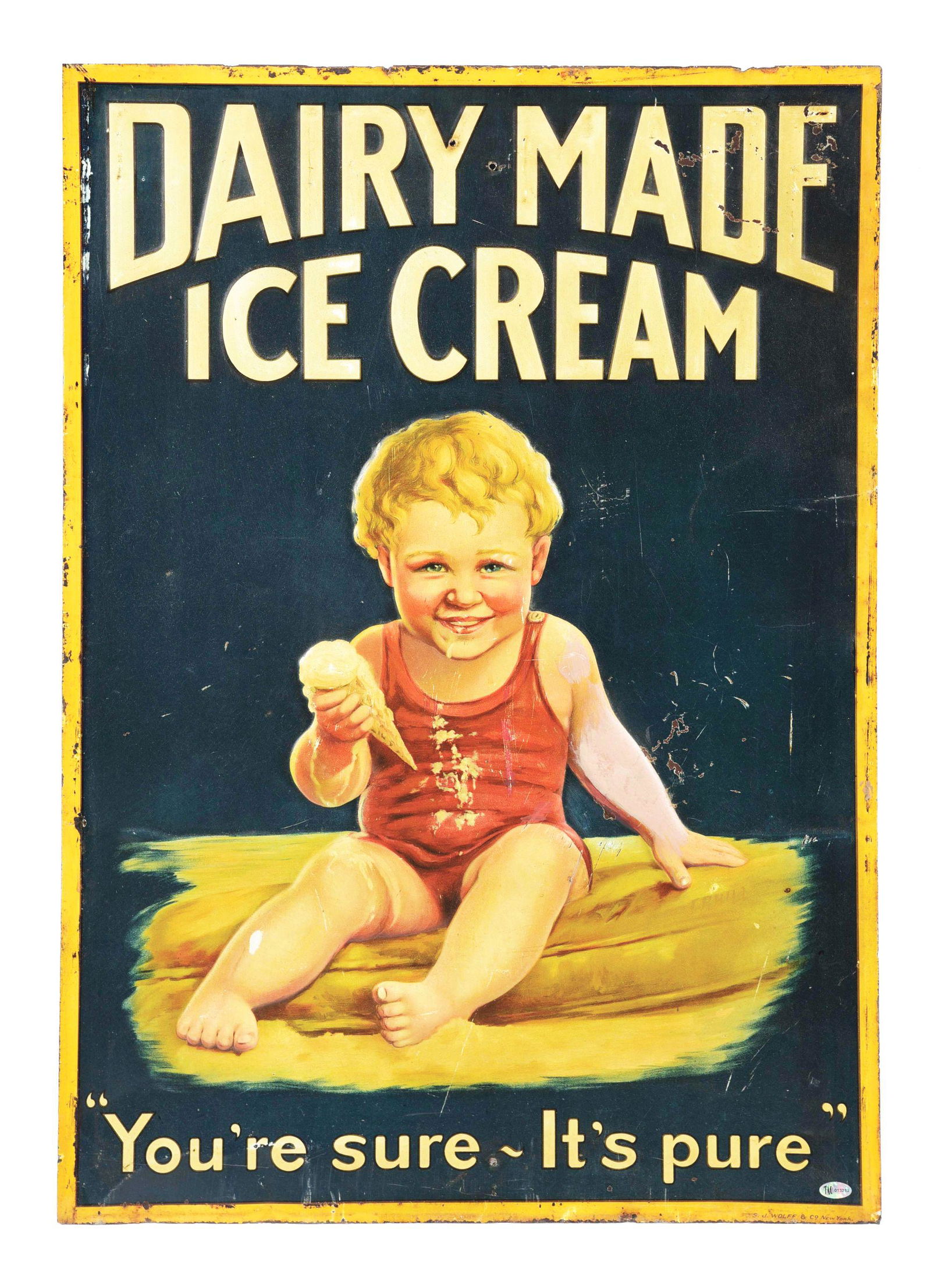DAIRY MADE ICE CREAM EMBOSSED TIN SIGN W/ BABY AND ICE CREAM CONE GRAPHIC. (1 of 3)