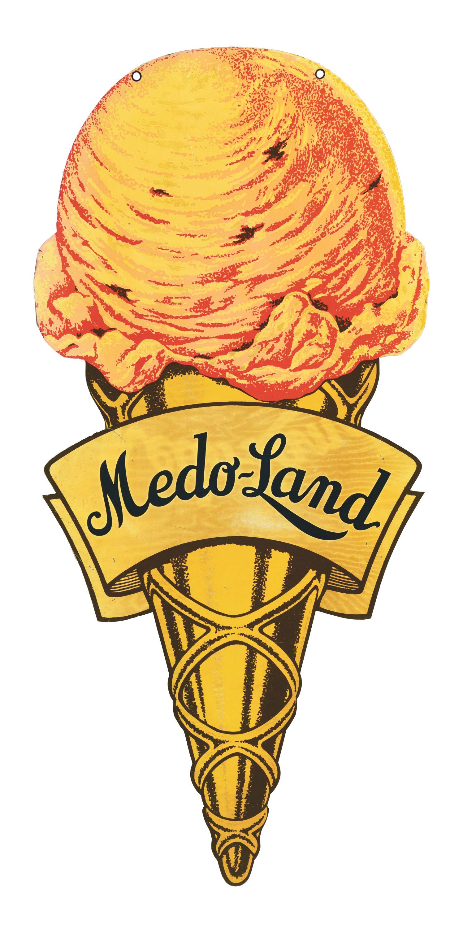 MEDO-LAND ICE CREAM DOUBLE-SIDED DIE-CUT PAINTED METAL SIGN. (1 of 2)