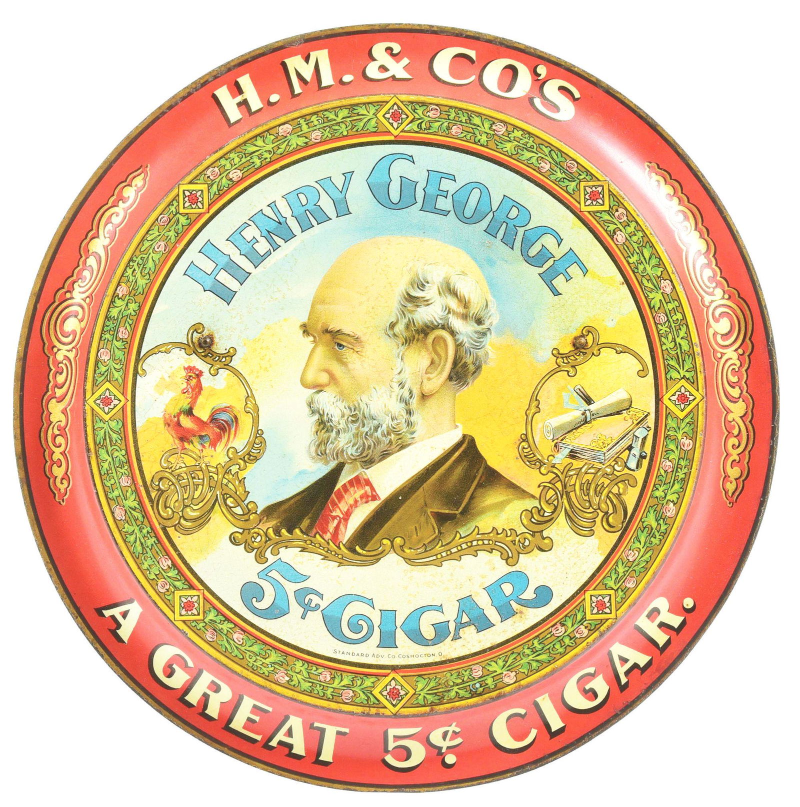 HENRY GEORGE 5¢ CIGAR TIN SIGN W/ ORIGINAL EASEL. (1 of 3)